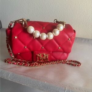 Badgley Mischka Red Quilted Crossbody Bag with Gold Chain